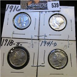 1916 P, S, 18 S, & 41 D Mercury Dimes, possibly cleaned, all VF-EF.