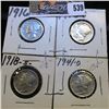 Image 1 : 1916 P, S, 18 S, & 41 D Mercury Dimes, possibly cleaned, all VF-EF.