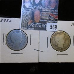 1898 O & 1901 O U.S. Barber Quarters, AG-G. Red Book value in Good is $55.00.