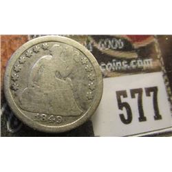 1849, 9 over 6 U.S. Seated Liberty Half Dime, Good.