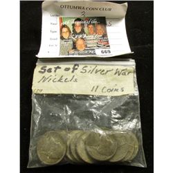 Eleven-Piece Silver World War II complete Jefferson Nickel Set. 1942-45 P, D, S.