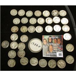 1988 P Roosevelt Dime, BU; & (37) 1920 era Mercury Silver Dimes, average circulated.