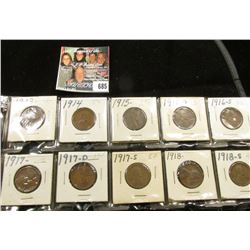 1913P, 14P, 15P, 16D, S, 17P, D, S, 18P, & S Lincoln Cents. Grades up to EF.