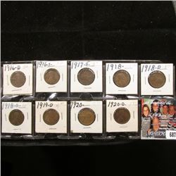 1916D, S, 17S, 18P, D, S, 19D, 20P, & D Lincoln Cents. Grades up to EF.