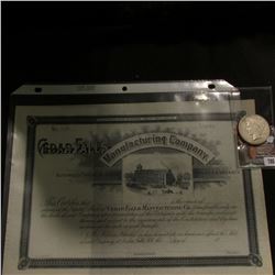 Unissued Stock Certificate "Cedar Falls Manufacturing Company…Shares $500 each"; & 1923 S U.S. Peace