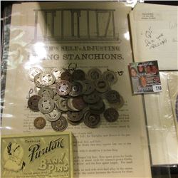 Empty box "Oakville Puritan Bank Pins"; "Map of the Globe 5c" blow up balloon with disc; 1990 White 