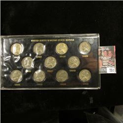 1942-45 Complete 11 pc. Set of World War II Silver Nickels in a special holder.
