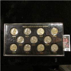1942-45 Complete 11 pc. Set of World War II Silver Nickels in a special holder.