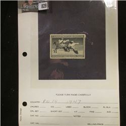 RW14 1947 U.S. Department of Agriculture Migratory Bird Stamp. Used, Fine, partial gum.