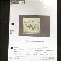 RW18 1951 U.S. Department of Agriculture Migratory Bird Stamp with Plate number. Signed, Fine.