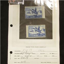 Pair of RW19 1952 U.S. Department of Agriculture Migratory Bird Stamps, one signed, other not signed