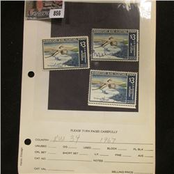 (3) RW34 1967 U.S. Department of Agriculture Migratory Bird Stamps, Fine, signed.