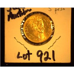 1928 Colombia Gold Five Pesos, 7.988 grams 0.916 2/3 Fine Gold, Gem BU.