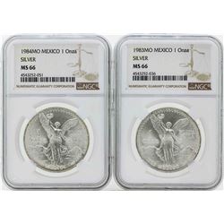 Set of 1983MO-1984MO Mexico 1 Onza Silver Libertad Coins NGC MS66