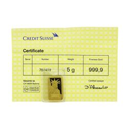 5 Gram Credit Suisse .9999 Fine Gold Ingot