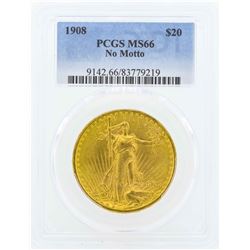 1908 No Motto $20 St. Gaudens Double Eagle Gold Coin PCGS MS66