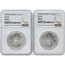 Set of (2) 1992MO Mexico 1 Onza Silver Libertad Coins NGC MS66