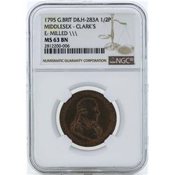 1795 Great Britain D&H 1/2 Pence Coin NGC MS63BN
