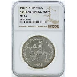 1982 Austria 500 Shillings Silver Coin NGC MS64