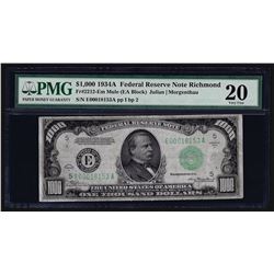 1934A $1,000 Mule Federal Reserve Note Richmond PMG VF20