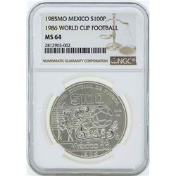 1985MO Mexico $100 Silver 1986 World Cup Football Coin NGC MS64