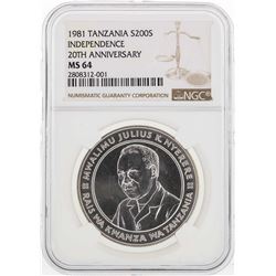 1981 Tanzania 200 Shilling Silver Coin NGC MS64
