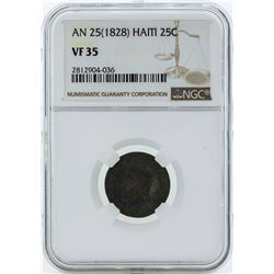 1828 Haiti 25 Centimes Coin NGC VF35