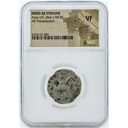 58 BC Indo Scythians Azes I/II AR Tetradrachm Coin NGC VF