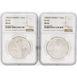 Lot of (2) 1982MO Mexico Libertad Silver Coins NGC MS65 & MS66