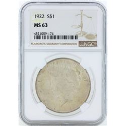1922 $1 Peace Silver Dollar Coin NGC MS63