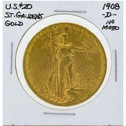 1908-D No Motto $20 St. Gaudens Double Eagle Gold Coin