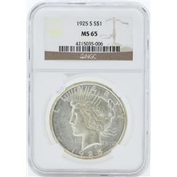 1925-S $1 Peace Silver Dollar Coin NGC MS65