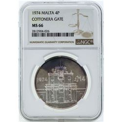1974 Malta 4 Pounds Cottonera Gate Silver Coin NGC MS66