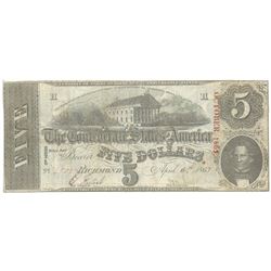 1863 $5 The Confederate States of America Note T-60 CC