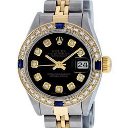 Rolex Ladies 2T Black Diamond And Sapphire Datejust Wristwatch