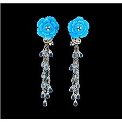 14.00 ctw Blue Topaz, Turquoise and Diamond Earrings - 18KT White Gold