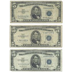 1953 $5 Silver Certificate Currency Lot of 3