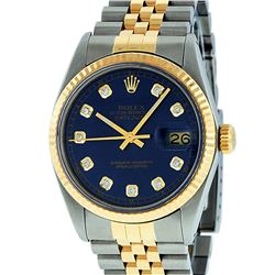 Rolex Mens Two Tone Blue Diamond Quickset 16233 Datejust Wristwatch