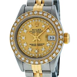 Rolex Ladies 2T Quickset Champagne String Diamond Datejust Wristwatch