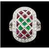 Image 2 : Ruby, Emerald and Diamond Ring - Platinum