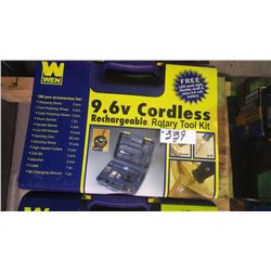 New unused 100 piece 9.6V cordless rechargeable rotary tool kit with led light, flexible shaft, and 