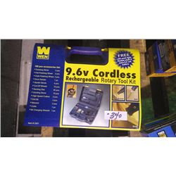 New unused 100 piece 9.6V cordless rechargeable rotary tool kit with led light, flexible shaft, and 