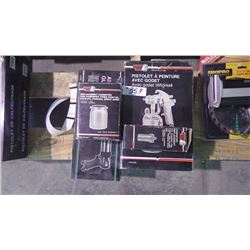 New unused air calking gun, paint sprayer, & replacement cup.
