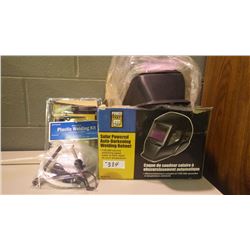 Solar powered welding helmet, Plastic welding kit, and mini sand blasting kit