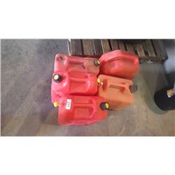 Five assorted fuel cans