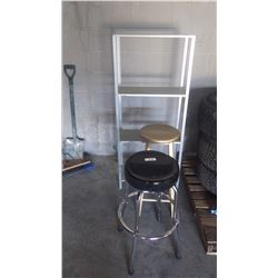 Two stools and metal shelving