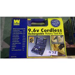 New unused 100 piece 9.6V cordless rechargeable rotary tool kit with led light, flexible shaft, and 
