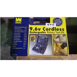 New unused 100 piece 9.6V cordless rechargeable rotary tool kit with led light, flexible shaft, and 