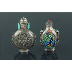 2 Pc Silver Snuff Bottles with Coral Decoration