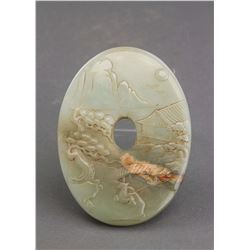 Chinese Hetian Green Jade Carved Disk
